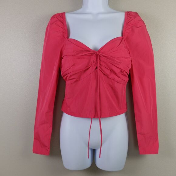 Mango Bright Pink Puff-Sleeved Halter Cropped Blouse Size 4 - Picture 2 of 12